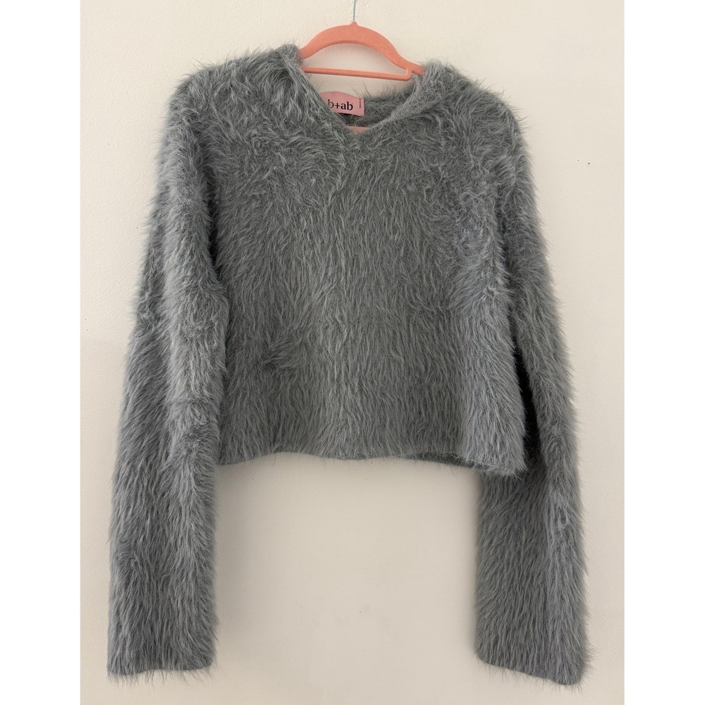 B+ab Fuzzy Eyelash Knit Cropped Hoodie Sweater Dusty Blue Grey Size Medium Cozy